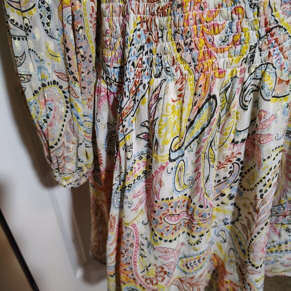 Boston Proper Paisley Bell Sleeves Metallic Threaded Mini Dress Smocked Waist - Picture 11 of 14